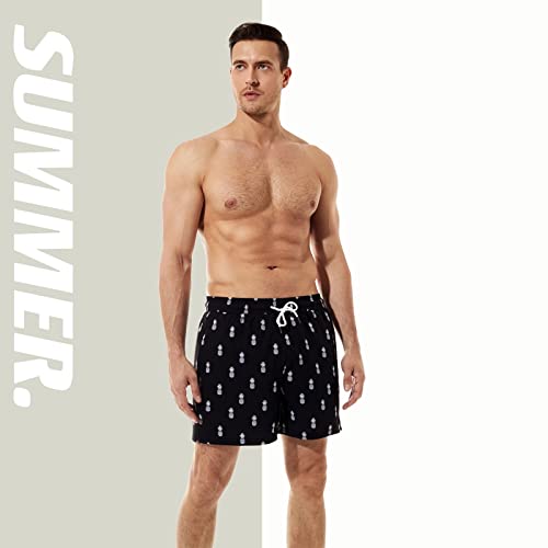 Brisira Swim Trunks Men Quick Dry Swim Shorts 5 Inch Inseam Stretch Water Beach Shorts With Compression Liner Zipper Pocket Black Pineapple #TOP3