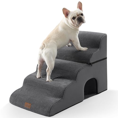 Image of COZY KISS Dog Stairs,with condo,22.4 inch H 5 Steps for Bed,Dark Grey | 5-step dog stairs and ramps for Old Cats, Puppy, Small Dogs,Non-Slip Base,for Couch & Bed, 17.7x33x22.4