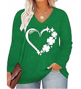 Plus Size St Patricks Day Shirt Women Lucky Shamrock Long Sleeve Shirts Irish Clover Graphic Prin...