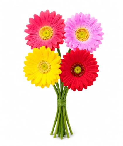Image of CURATED CART Daisy Artificial Flowers Bunch - Pack of 4, 30 Cm, Gerbera Flowers for Vase | Real Touch with Bendable Stems | Mixed Colours Flower for Home, Kitchen, Office Decor (No Vase)