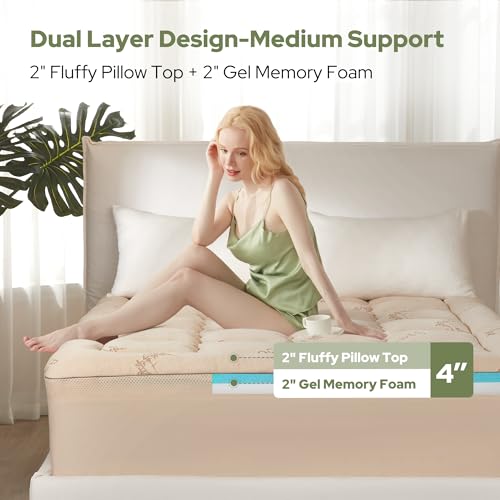 Image of BEDLORE 4 Inch Memory Foam Mattress Topper Twin XL for College Dorm Room Essentials, 2-in-1 Dual Layer Design (2 inch Gel Memory Foam + 2 inch Plush Pillow Top Cover) Mattress Topper Medium Firm(Beige)