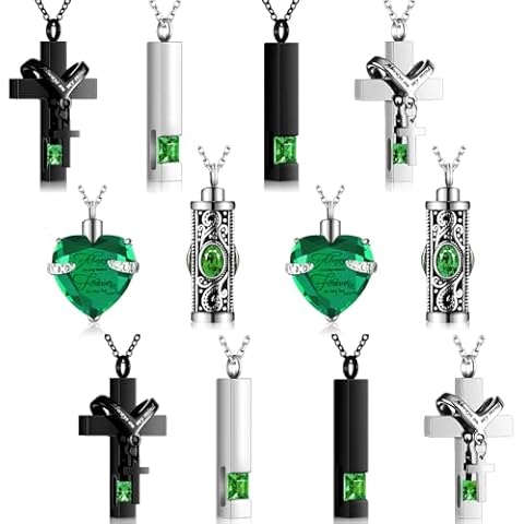 Henoyso 12 Pcs Urn Necklace for Ashes Bulk Cremation Cross Heart Cubic Jewelry Stainless Steel Memorial Locket for Men Women(Green) Cover