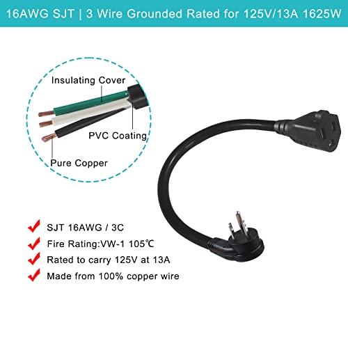 [5 Pack] Flat Plug Short Power Extension Cord - 8Inch Low Profile Flat Plug 3 Prong Grounded Indoor Extension Cord, Rated For 13Amp,16Awg Heavy Duty Black Electrical Extension Cord With Flat Head #TOP4