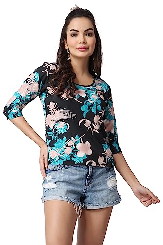 Image of POPWINGS Casual Printed Puff Sleeves Round Neck Top for Women || Stylish Summer Tops for Women || Hip-Length Women Top