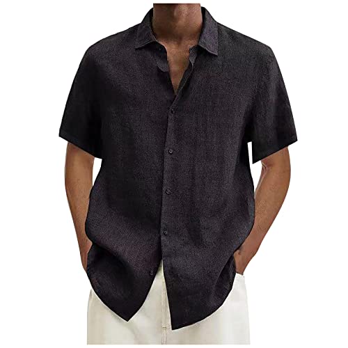 Ymosrh Tshirts Shirts For Men, Mens Button Up Shirts Summer Shirt White Short Sleeve Down Shirts Men Polyester Designer Spring Men's Casual Cotton Linen Solid Color Short Shirts Loose (Xl, Black) #TOP7