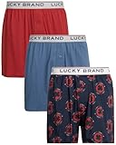 Lucky Brand Men's Underwear - Classic Knit Boxers (3 Pack), Size Large, Blue/Navy Print/Red