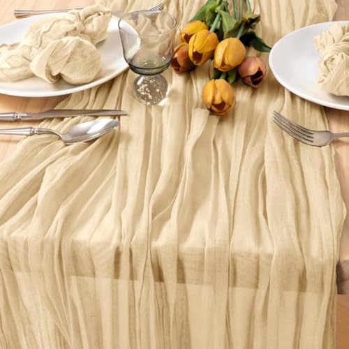 Image of MLMC 8 Pack Champagne Table Runner 10ft Rustic Sand Cheesecloth Table Runner Bulk 35x120 Inches Neutral Gauze Cheese Cloth Centerpiece for Outdoor Wedding Bridal Shower Gathering Party Decor