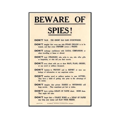 Poster Beware of Spies Government Security Notice affiche rétro toile 30 x 45 cm