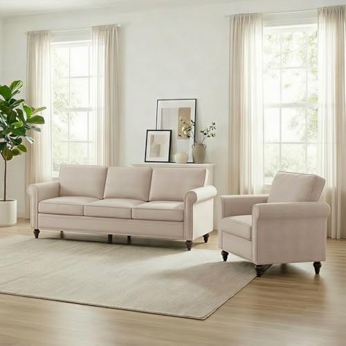 Image of ijuicy 2-Piece Sectional Sofa Set, Modern Linen Couch Set -Beige | with 5 inch Thicken Cushion & Nailhead Trim, Living Room Furniture Set-Armchair and 3 Seat Sofa