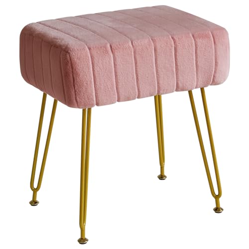 IBUYKE Reposapiés rectangular de terciopelo otomano, taburete de tocador de maquillaje, asiento de tocador, puf de sofá, patas de acero dorado, rosa L/G-51P