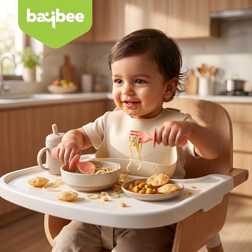 Image of Baybee 100% Silicone Baby Feeding Spoons Set of 2 | Bpa Free- Food Grade Soft Silicone Tip Spoon & Fork Self Feeding Utensil | Baby & Toddlers Gum Friendly Weaning Supplies for Kids 1 Months+ (Pink)