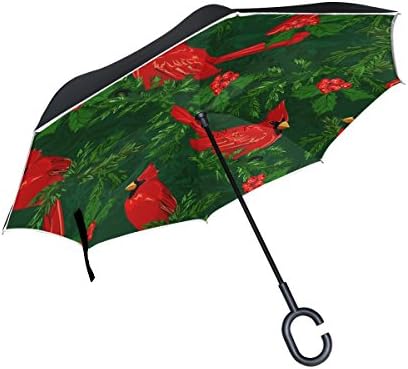 GIOVANIOR Red Cardinal Birds Inverted Double Layer Straight Umbrellas Inside-Out Reversible Umbrella with C-Shaped Handle for Rain Sun Car Use