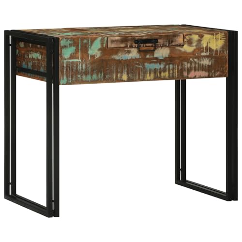 Teenpull Tocador 90 x 50 x 75 cm, madera maciza recuperada, tocador rústico con cajón, mesa de vanidad compacta para dormitorio, estilo vintage