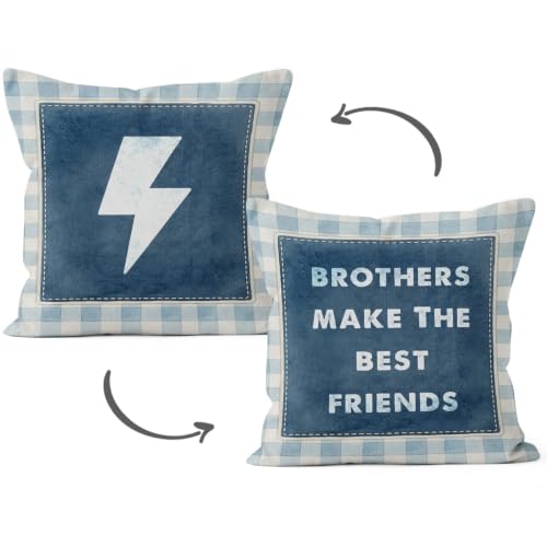 HIWX Boy Nursery Pillow Covers 18x18 Double-Sided, Boys Room Decor, Brothers Make the Best Friends Blue Gingham Plaid Lightning Decorative Pillow Covers for Boys Playroom Couch Bed Home Bedroom Decor