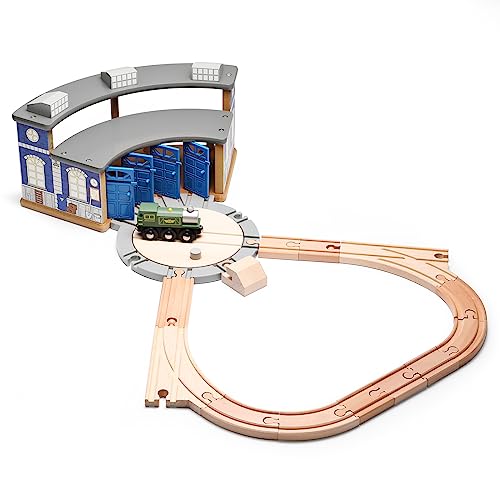 SainSmart Jr. Wooden Train Track with Roundhouse - Railway Toy for Toddlers, Double-Side Tracks Compatible with with All Major Brands - Wood Toy Train for Aged 3+