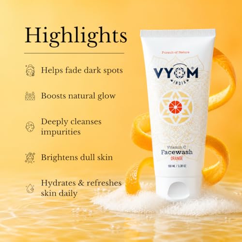 Image of Vyom India Vitamin C Face Wash 100ml for Women & Men Orange Face Wash for Glowing & Hydrating Skin, Improves Skin Tone, Fades Dark Spots, Sulphate & Paraben Free 100% Organic & Natural