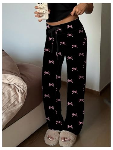 MakeMeChic Women's Bow Elastic Waist Pants Drawstring Straight Leg Y2k Trousers3
