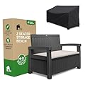 EconoHome 2 Seat Outdoor Storage Bench with Rain Cover - 60 Gallon Capacity - Weatherproof Resin Bench for Patio, Porch, Garden, Yard, Pool Area - Furniture for Pool Accessories, Gardening Tools
