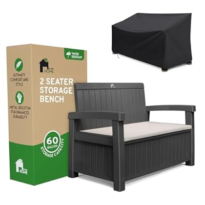 EconoHome 2 Seat Outdoor Storage Bench with Rain Cover - 60 Gallon Capacity - Weatherproof Resin Bench for Patio, Porch, Garden, Yard, Pool Area - Furniture for Pool Accessories, Gardening Tools