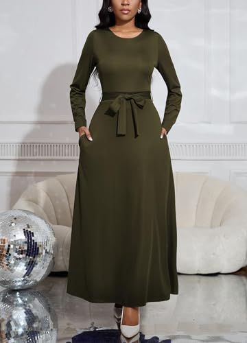 Image of BubFee Long Dress for Women Casual Long Sleeve Dresses Maxi Dress Empire Waist Loose with Belt