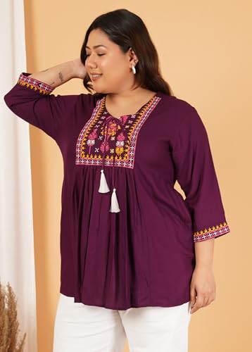 Image of Indietoga Women's Plus Size Viscose Rayon Embroidered Regular Fit Tops (2XL to 7XL)