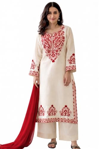 Image of LookMark Women's Cotton Kurta Set with Dupatta | Cream | Red Embroidery | Long Sleeve