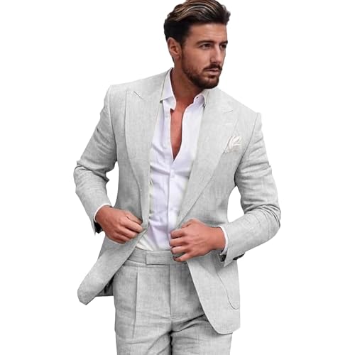 Men Casual Formal Summer Linen Suit Set 2 Pieces Blazer Pants Peak Lapel Outfit for Male Wedding Church Lightweight