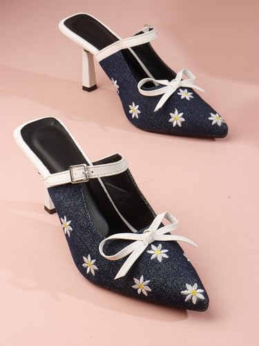 Image of TRYME Denim Embroidered Mules Style Bow Pointed Toe Slip-on Stilettos Heel Sandals for Womens and Girls