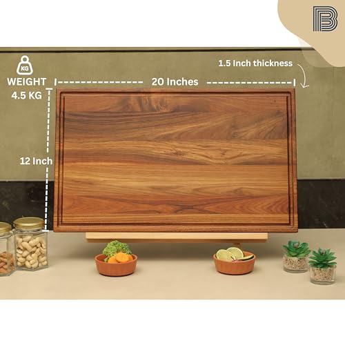 Image of Edge Grain Wood Chopping Board | Teakwood Cutting Board with Non-Slip Rubber feet | Vegetables, Meat, Cheese Cutting | Food Grade Finish with Mineral Oil and Beeswax | 1 Year Warranty