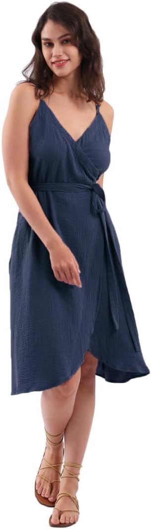 Amazhiyu Womens Cotton Gauze Spaghetti Strap Sleeveless Midi Wrap Dresses