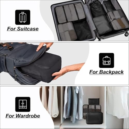 Image of 7 Pcs Travel Organizer Bag Set for Luggage | Waterproof Packing Cubes for Clothes, Shoes & Toiletries | Foldable Travel Storage Bags for Men & Women | Black Travel Pouch Set (BLACK)