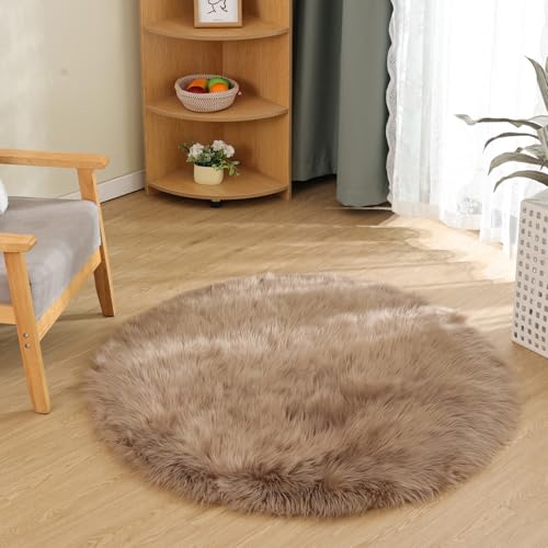 Latepis Circle Rugs for Bedroom 3ft Brown Beige Round Shag Faux Fur Rug Washable Fluffy Rugs for Living Room Small Area Rug Throw Soft Rug Room Decor