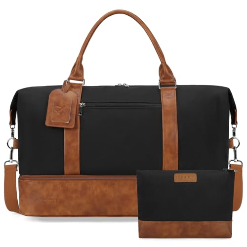 Oeihuivt Weekender Bags for Women - 21 Inch Large Travel Duffel Bag 2-Piece Set with Shoe Compartment, Heavy-Duty Canvas & Leather Carry On Overnight Tote (Airplane Approved) by Oeihuivt - Used condition - US$25.84