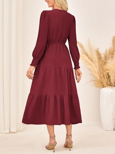 Kate Kasin Womens Long Sleeve Midi Dress, Casual Flowy Smocked Waist Work Dress Pockets, Elegant Fall Dresses 20252