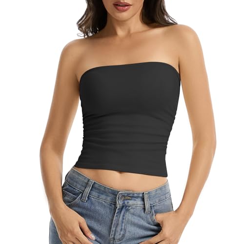 Comfyin Tube Tops for Women Strapless Bandeau Sleeveless Tank Top Backless Going Out Basic Shirts Summer Outfits Black S