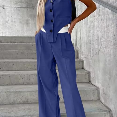 Women's Fashion Casual Suit Summer V-Neck Button Tops Pocket Loose Pants Two-Piece Suit3