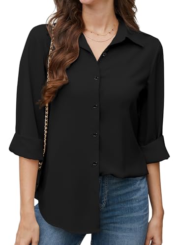Stamain Chemisier Femme Noir Chic et Élégant Chemise à Manches Longues Col en V Casual Bureau Travail Boutonnée Haut Ample L