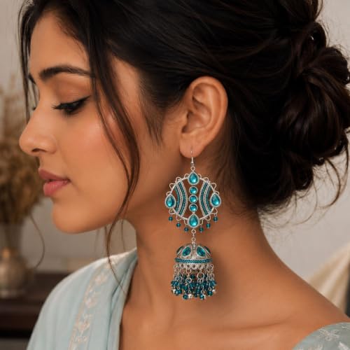 Image of UnfoldSelf Vintage Silver Bollywood Viral Jhumka Earrings | Maula Mere Maula Jhumka Earrings | Statement Ethnic Earrings with Blue Crystal Beads | Oxidised Famous Jewellery for Women & Girls