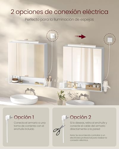 Miniatura 9 de Vasagle Mueble De Baño Con Iluminación Led, 16,5 X 70 X 75 Cm, Múltiple Toma De Corriente, Cesta Colgante, Soporte Para Secador De Pelo, Para Lavabo, Blanco Nube Bbk126w01