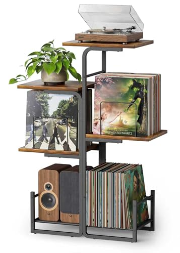 Bikoney Meuble Tourne-Disque Style Vintage avec Grand Rangement Vinyles, Support Platine Vinyle Inspiré Jardinière, Étagère LP et Présentoir Albums pour...