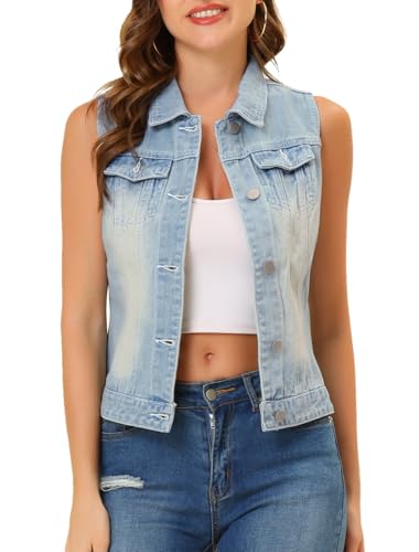 Allegra K Women's Buttoned Washed Denim Vest Jacket W Chest Flap Pockets Medium Sky Blue