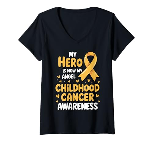 Donna My Hero Is Now My Angel Childhood Cancer Awareness Apparel Maglietta con Collo a V
