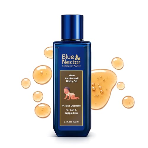 Image of Blue Nectar Baby Oil with Pure Kumkumadi Oil for Glowing Skin | Ayurvedic Baby Massage Oil for New Born | 100% Natural & Safe Baby Product for Delicate Skin (17 Herbs, 100 ml)