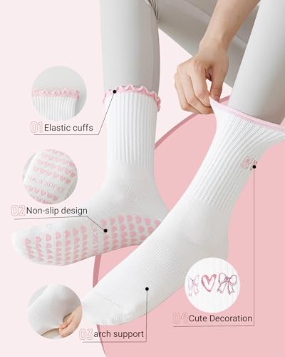 Image of 3 Pairs Pilates Socks with Grips for Women Non Slip Grip Ruffle Yoga Ankle Grippy Socks