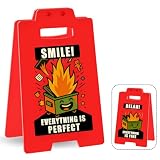 Dumpster Fire Desk Sign – Funny Emotional Support Office Decor – Double-Sided Red Acrylic Mini Sign for Desk or Cubicle – “Smile Everything Is Perfect/Relax Everything Is Fine”