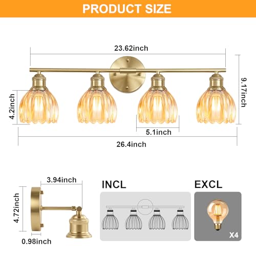 Image of Bathroom Light Fixtures, 4-Light Brushed Gold Vanity Lights for Bathroom with Amber Tulip Glass Shade, 26 inch Vintage Bathroom Vanity Lighting Fixtures Over Mirror for Bedroom Living Room Hallway
