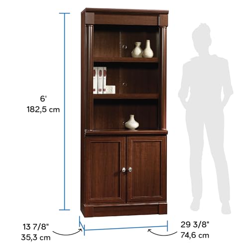 Image of Sauder Palladia Book Shelf, Bookshelf with Storage, Library Bookcase with Doors and Adjustable Shelves, in Select Cherry finish