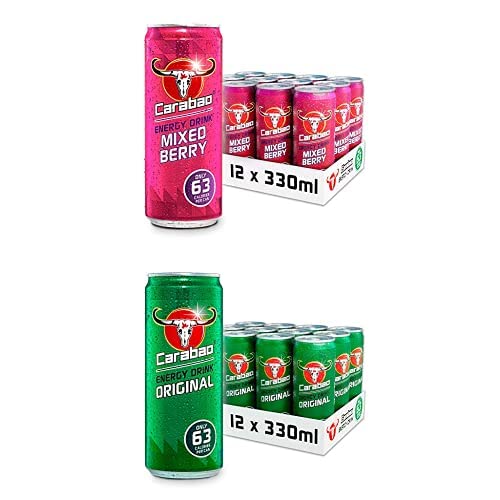 CarabaoEnergy Drink Mixed Berry (12 Cans) & Original (12 Cans), 24 x 330ml Case Cans, Low Calorie and less Sugar, Tasty Fizzy Flavour, Vegan, B Vitamins, Caffeine with Zero Crash, Multipack