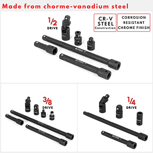 BILITOOLS 18-Piece Drive Tool Accessory Set, Includes 1/4" 3/8” & 1/2” Drive Socket Extension Set, Socket Adapter, Universal Joints, Cr-V Steel by BILITOOLS - Image 2
