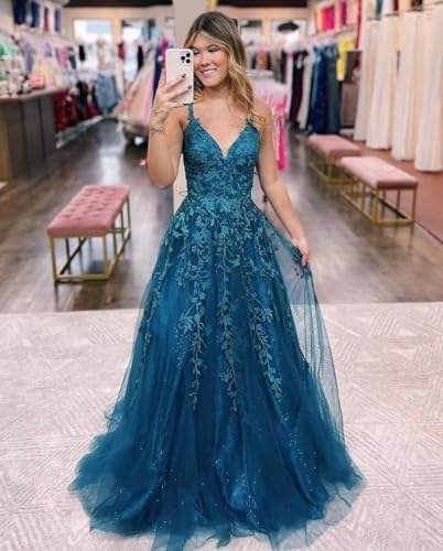 Pairuodas Tulle Lace Appliques Prom Dresses Long Spaghetti Straps A-Line Ball Gown V Neck Formal Evening Party Dress, Teal, 16 Plus - 3